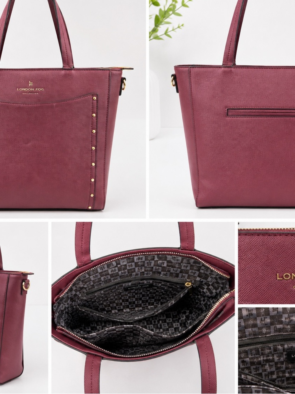 London Fog Plum Saffiano Tote with Gold Stud Detail